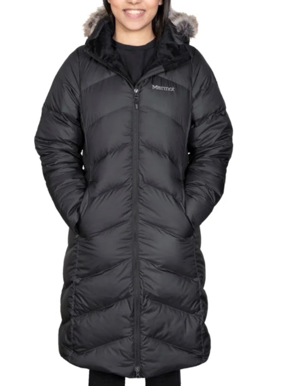 Marmot Montreaux Down Coat Small Black Hooded Puffer Long Winter Jacket Cozy